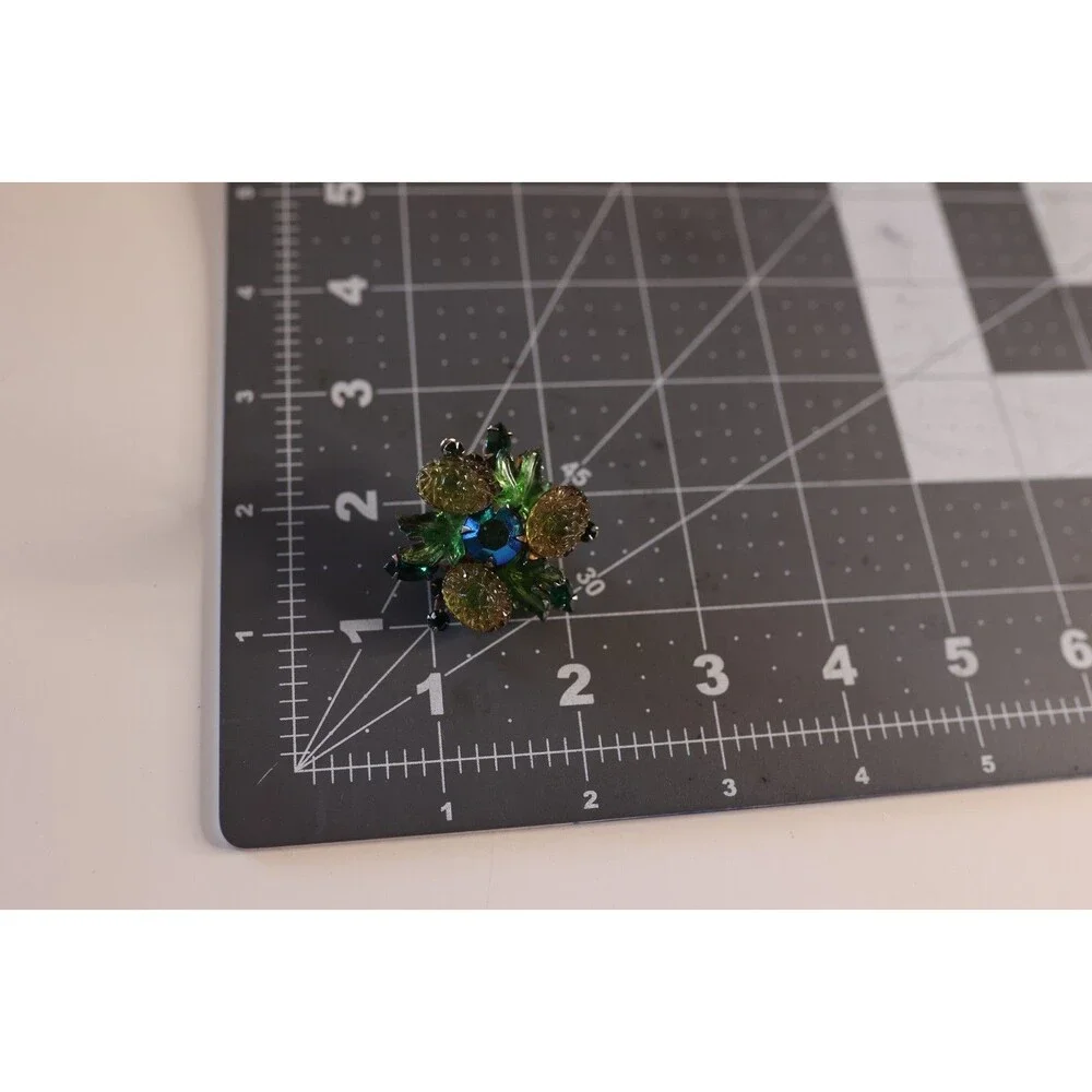 Vintage Fruit Salad Green Molded Glass Brooch Lapel Pin Blue Aurora Borealis